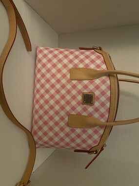 Dooney & Bourke Pink Gingham Tote with Tan Leather Trim